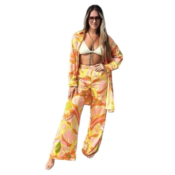 Zara Wide Leg Silky Pajama Style Pant. Orange Pink Yellow. Size M #868 NWT - Picture 2 of 8